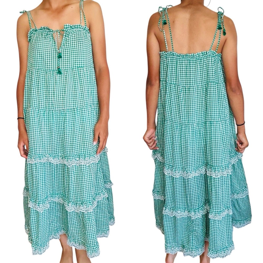 J Crew Gingham Check Sundress XS Cottage Beach Green Peasant Tiered Ruffle Retro